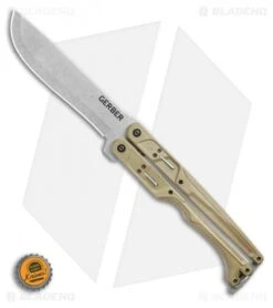 Gerber Doubledown QuadLock Folding Machete Knife Green (6.8" Stonewash) -Gerber Pro Knives.com Gerber Doubledown QuadLock Knife Green 6.75 Stonewash 30 001533N BHQ 105511 LS Bottlecap