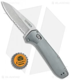 Gerber Highbrow Assisted Opening Knife Aluminum (3.3" SW Serr) 30-001638 -Gerber Pro Knives.com Gerber Highbrow Assisted Opening Gray Aluminum Satin Serr BHQ 118496 jr bottlecap
